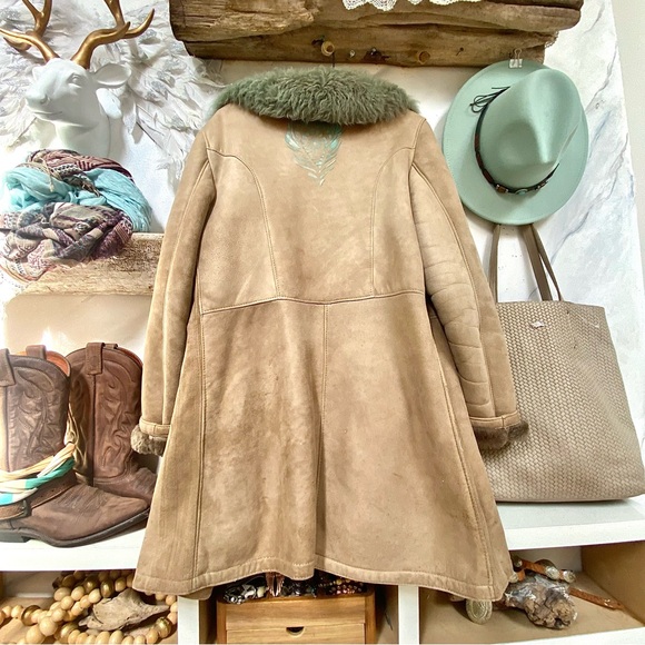 Handpainted Shearling rustic suede AQUA OMBRA leather Gypsy jacket blue feathers - Picture 10 of 16